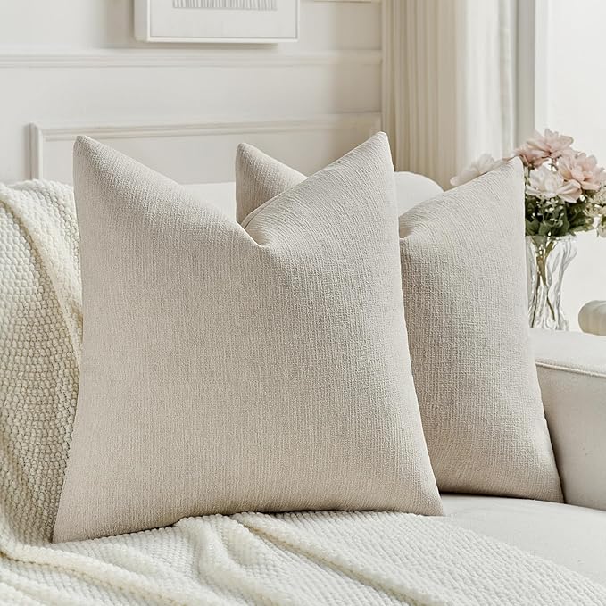 FUTEI Beige Chenille Decorative Throw Pillow Covers 18x18 Inch Set of 2,Soft Cozy Faux Linen Textured Cushion Case,Farmhouse Home Decor for Couch Living Room