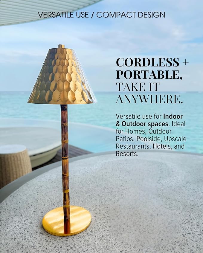 Bamboo Cordless LED Table Lamp – Rechargeable 24-Hour Battery, Dimmable Warm Light, 15" Portable Wireless Lamp with Remote for Indoor/Outdoor Use, Home, Patio, Restaurant – Textured Gold
