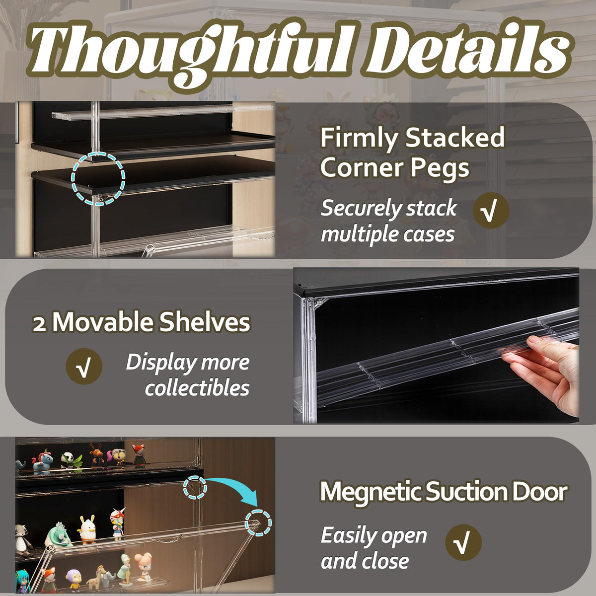 VERSSURE Clear Display Case for Collectibles, 3-Tier Adjustable Figure Display Case with LED Light, Stackable Acrylic Showcase with Magnetic Door for Jewelry,Collectibles (Black, 1 Pack-8.7" H)