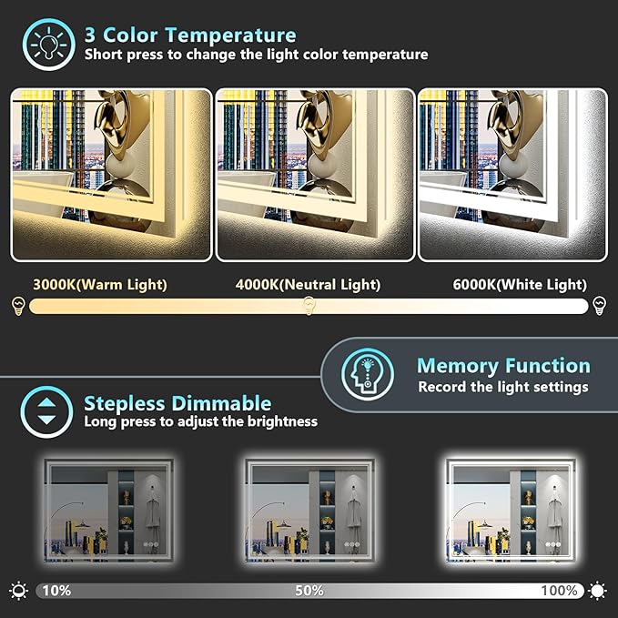 44x36 LED Bathroom Mirror with Lights, Backlit and Front Lit, Anti-Fog Lighted Vanity Mirrors for Bathroom Wall, Dimmable, 3-Color Light, Memory, Shatter-Proof, HD Tempered Glass, CRI＞90