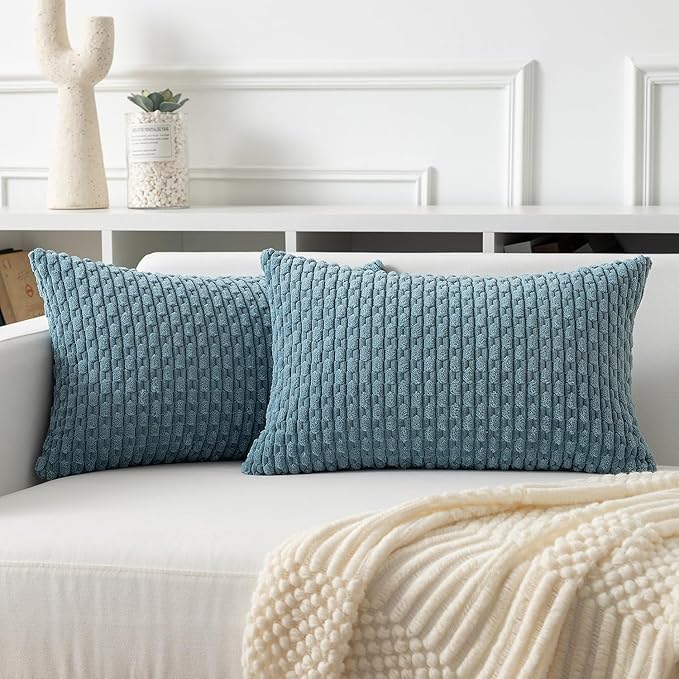 Kevin Textile Throw Pillow Covers Soft Corduroy Decorative Set of 2 Boho Striped Pillow Covers Pillowcases Farmhouse Home Decor for Couch Bed Sofa Living Room 12x20 Inch Blue Grey
