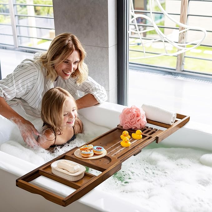 Luxury Teak Bathtub Tray - Foldable Bath Caddy with Expandable Handles, Wine Glass & Phone Holder, Book Stand - Enhance Home Spa Experience with Natural Material - Relaxing & Reading, Teak