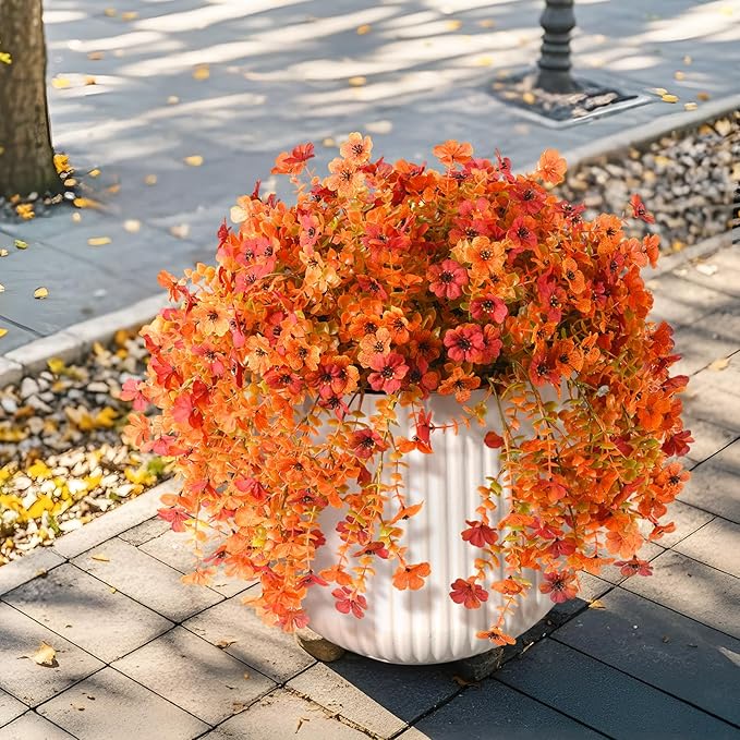 INQCMY Artificial Fall Flowers for Outdoors Fake Mums Hanging Flowers Plants 2Pcs UV Resistant Faux Flowers for Porch Patio Outdoor Decor Home Decor (Orange Autumn Red)