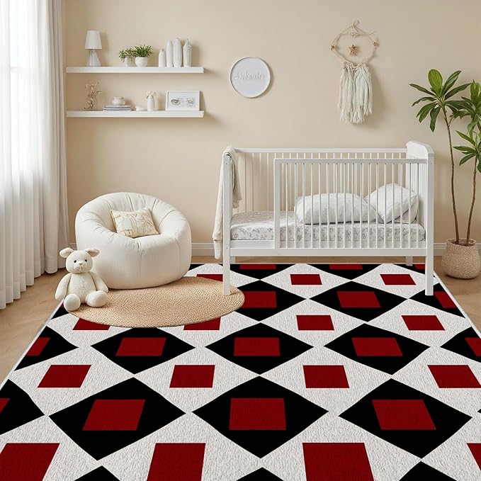 Plaid Rug 3x5, Vintage Geometric Soft Ultra Soft Faux Wool Low Pile Rug, Indoor Floor Mats Carpet, Non-Slip Stain Resistant Washable Rugs, Modern Red Rugs for Living Room Home Office Decor
