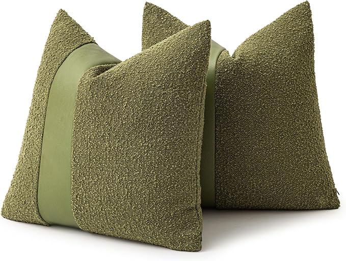 22"x22" Forest Green Boucle Pillow Covers with Faux Leather Accents Set of 2 Fluffy Textured Decorative Throw Pillow Cases for Couch Bed Boho Farmhouse Square Cushion Covers for Home Décor