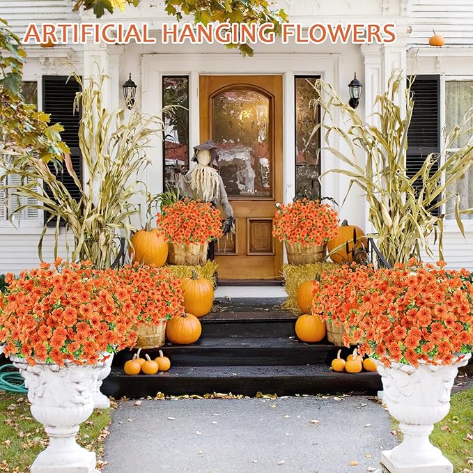 Artificial Fall Flowers Hanging Plants in Basket, Artificial Hanging Flowers for Autumn Outdoor Indoor Decor, UV Resistant Hanging Baskets with Fake Flowers for Fall Patio Garden Porch Deck Decoration