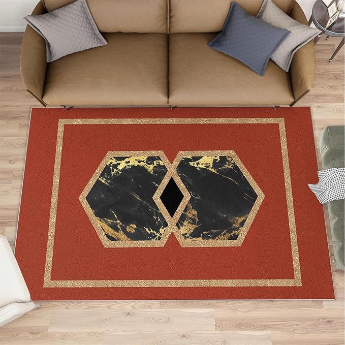 Abstract Marble Area Rugs Golden Hexagon Geometric Rug Vintage Red Marble Carpet European Medieval Geometry Carpet Mat for Bedroom Living Room 7x10ft