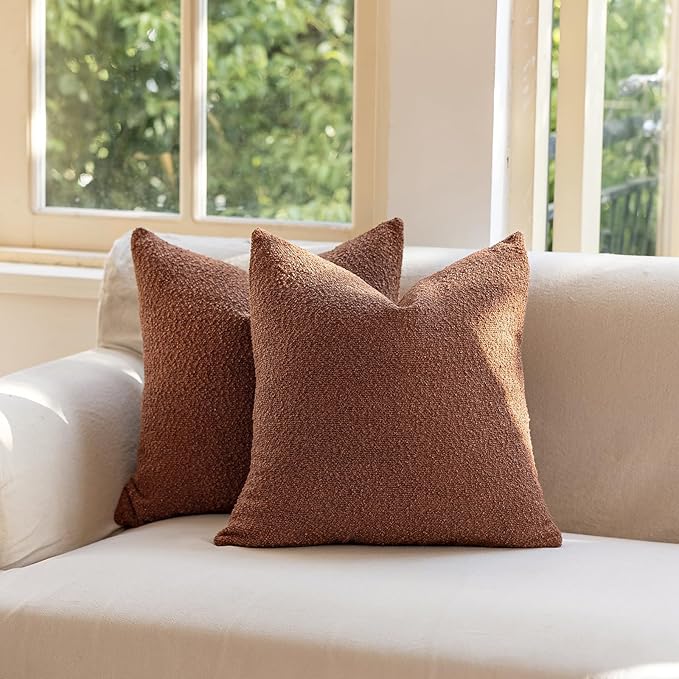 GEEORY Decorative Throw Pillow Covers 26x26 Inch Pack of 2,Textured Boucle Neutral Cushion Cases for Bed Couch Sofa, Accent Mordern Farmhouse Minimalist Home Decor (Tobacco Brown) GE06-26