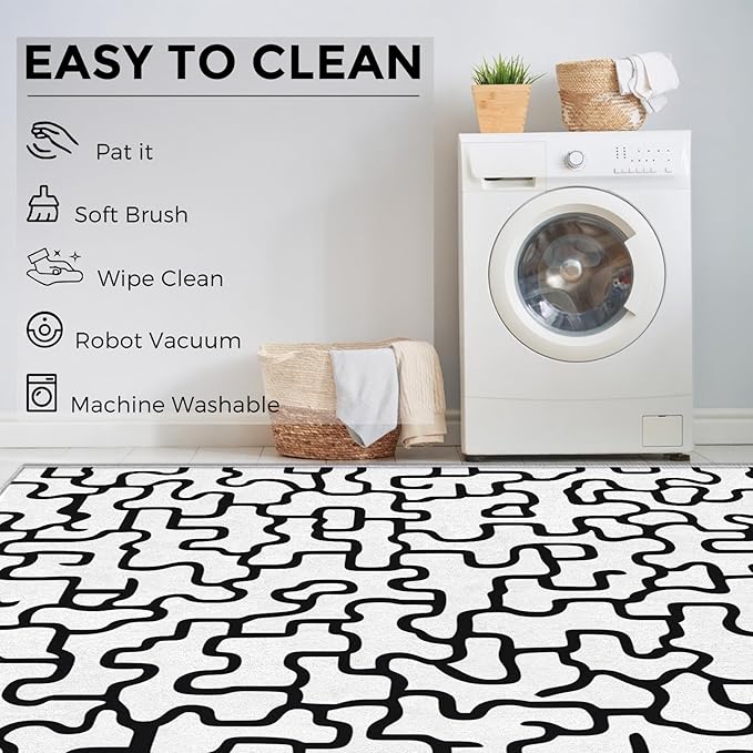 Abstract Geometric Rugs for Home Decor, 5x6 ft, Black and White Labyrinth Area Rugs for Living Room, Soft Non Slip Washable Modern Abstract Line Carpet Bedroom Decorations Dt-Ghf-31
