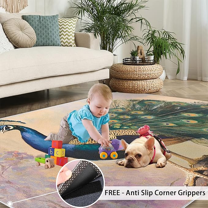 Peacock 5x6Area Rugs for Living Room, Classic Animal Washable Non Slip Rugs, Gorgeous Feathers Low Pile Print Rug for Bedroom, Dining Room, Home Office