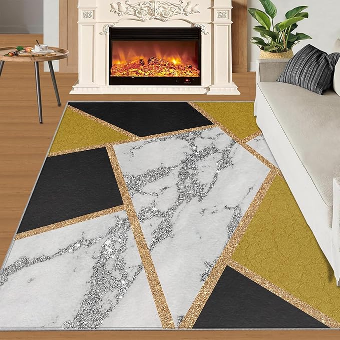 Geometric Area Rug Abstract Marble Texture Rugs Geometric Marble Area Carpet Simple Light Luxury Line Rug Machine Washable Rugs with Backing for Bedroom 7x8ft