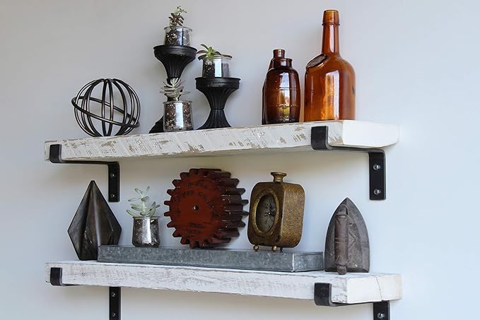 Urban Legacy Accent Shelves | Reclaimed Barn Plank | Set of 2 with Full Brackets (White Wash 36" x 4.5" x 2")