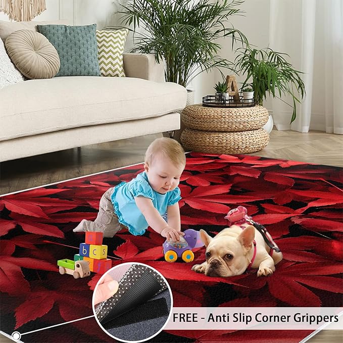 Maple Leaves Living Room Rugs, Red Leaves Area Rugs 5x8 Rug Canada Maple Leaf Non-Slip Washable Rugs Stain Resistant Rug Low-Pile Throw Rug for Bedroom Dining Room Office
