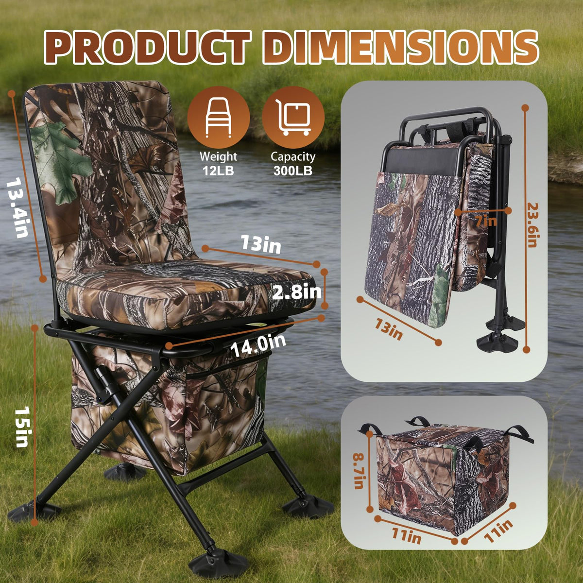 FUNHORUN Hunting Chair with Storage Bag, 360 Degree Silent Swivel Hunting Seat, Camouflage Foldable Ground Blind Chair, Tool-Free Padded Cushion Portable Seat, Lightweight
