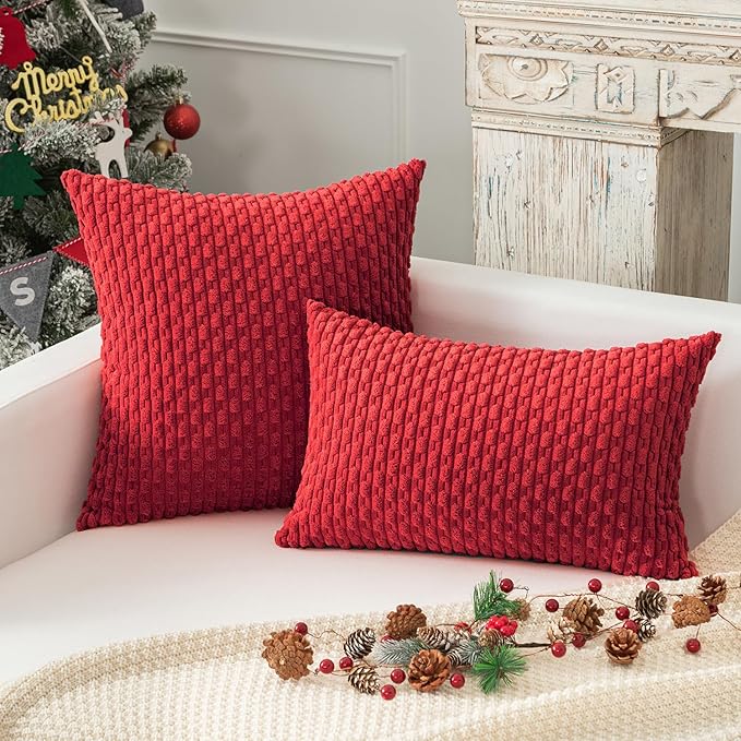 Kevin Textile Christmas Corduroy Decorative Throw Pillow Covers 12x20 Inch Pack of 2 Soft Boho Striped Pillow Covers Modern Farmhouse Home Decor for Sofa Living Room Couch Bed Red