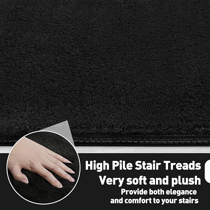 PURE ERA Carpet Stair Tread Landing Mat Area Rug Ultra Plush Shag Soft Non Slip Skid Resistant Tape Free Indoor Doormat Washable Reusable Black 2' X 3'