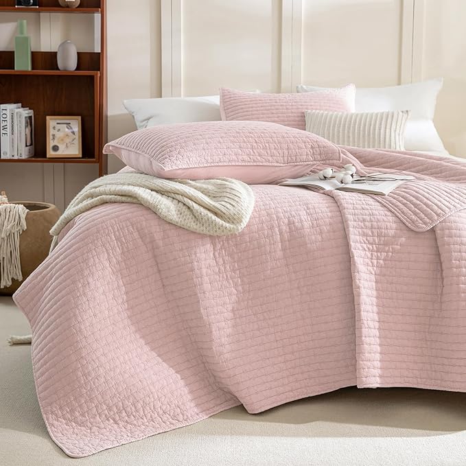 Sanracie Cotton Quilt Set King Size(110"x98"), Light Pink Ultra Soft Stonewashed Crinkle Quilt Bedspread Set 3Pcs Cross Stitch Pattern Lightweight Breathable Bed Coverlet Set for All Season