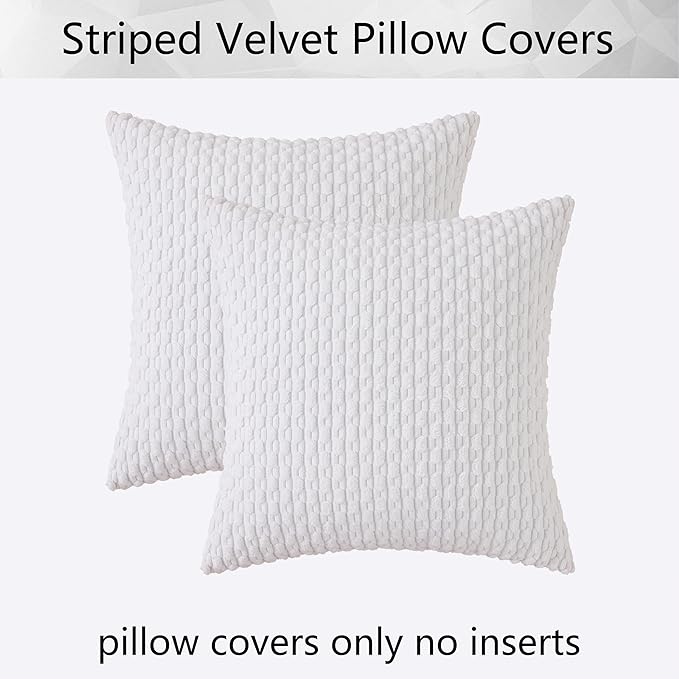 Kevin Textile Velvet Pillow Covers Striped Decorative Throw Cushion Case with Hidden Zipper for Home Couch/Bedroom 2 Pack (24x24 Inch Pure White)