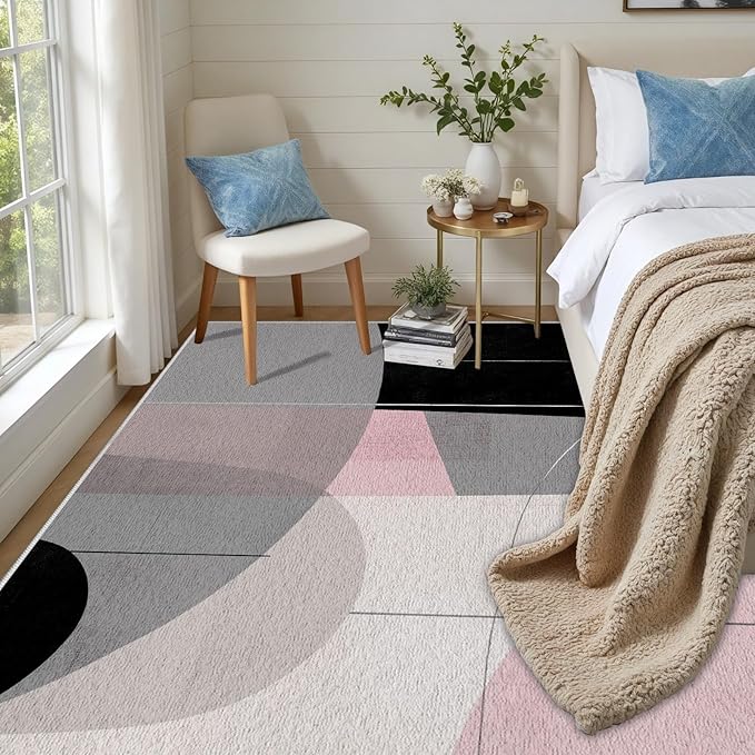 Abstract Art Line Living Room Area Rugs 6x9, Modern Boho Geometric Print Rug, Minimalist Washable Non Slip Neutral Soft Carpet for Bedroom, Dining Room Office Playroom, Black Gray