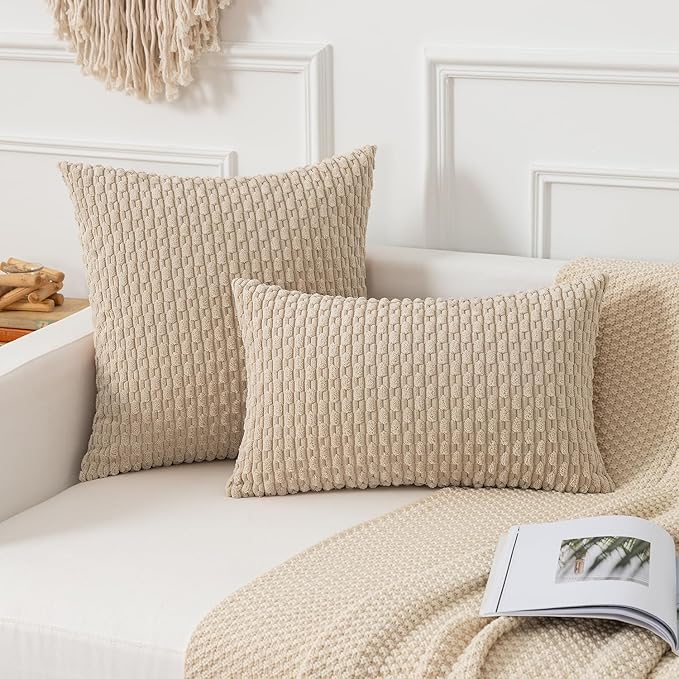 Kevin Textile Throw Pillow Covers Soft Corduroy Decorative Set of 2 Boho Striped Pillow Covers Pillowcases Farmhouse Home Decor for Couch Bed Sofa Living Room 18x18 Inch Beige