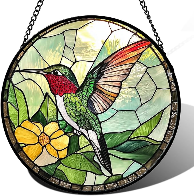 Stained Glass Window Hanging, Green Hummingbird Sun Catcher for Door Home Decor, Birds Suncatcher Christmas Mother's Day Birthday Gifts for Bird Lovers Women Men Mom and Nana 11.8 in