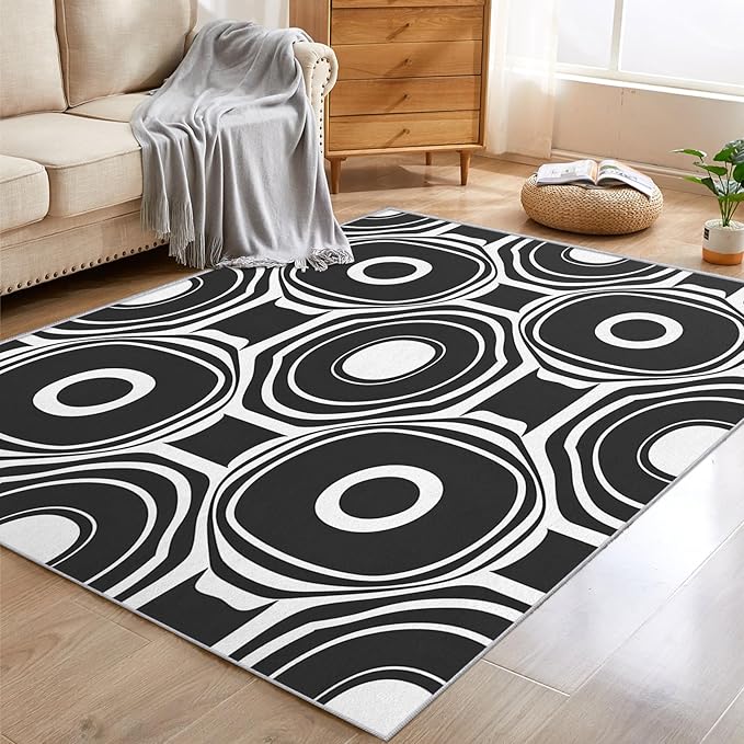 Black and White Geometric Rugs for Home Decor, 6x9 ft, Ring Circle Area Rugs for Living Room, Soft Non Slip Washable Modern Abstract Carpet Bedroom Decorations Dt-Ghf-31