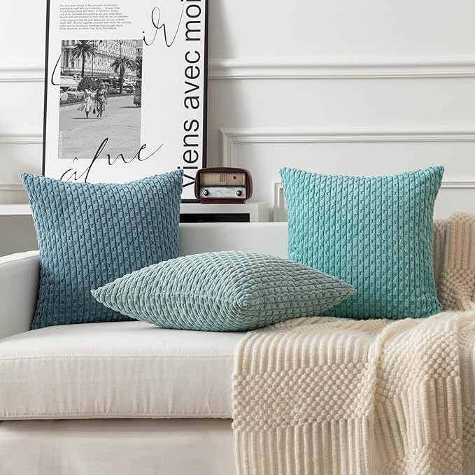 Kevin Textile Throw Pillow Covers Soft Corduroy Decorative Set of 2 Boho Striped Pillow Covers Pillowcases Farmhouse Home Decor for Couch Bed Sofa Living Room 16x16 Inch Dusty Green