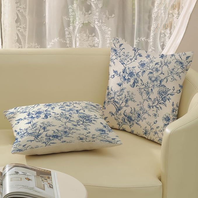 Blue Pillow Covers 20x20 Set of 2 Blue and Cream Floral Chinoiserie Throw Pillows Vintage Rustic Toile Flower Decorative Pillow Cases Outdoor Chinoiserie Decor Cushion Case for Couch Bed Sofa