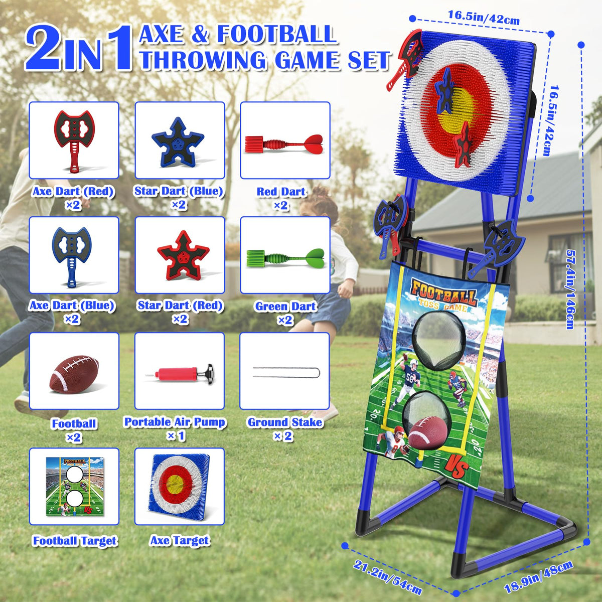VATOS 2-in-1 Axe & Football Throwing Game Set, Bristle Axe Toss Target with 16 pcs Safe Darts, Portable Outdoor & Indoor Backyard Games for Teens and Adults, Lawn Carnival, Camping Party Toy Gift