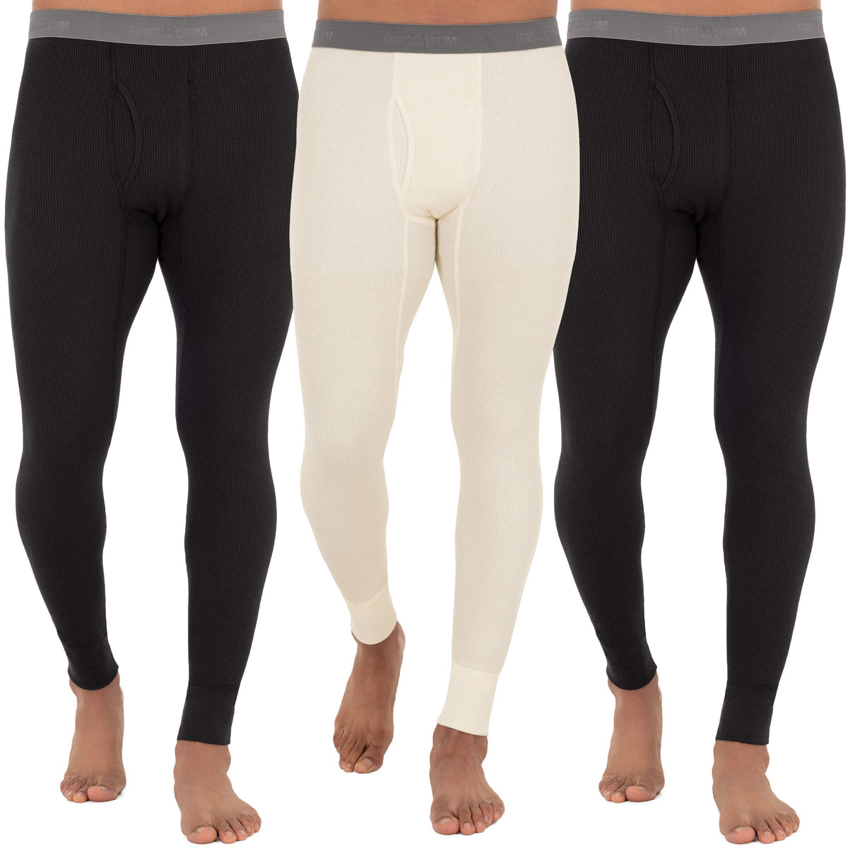 Fruit of The Loom Men's 3-Pack Recycled Waffle Thermal Underwear Bottom, Black/Black/Natural, Large