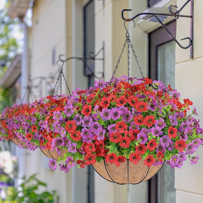 Artificial Flowers Hanging Plants in Basket,Artificial Hanging Flowers for Outdoor Indoor Decor,UV Resistant Hanging Baskets with Fake Flowers for Patio Garden Porch Deck Decoration