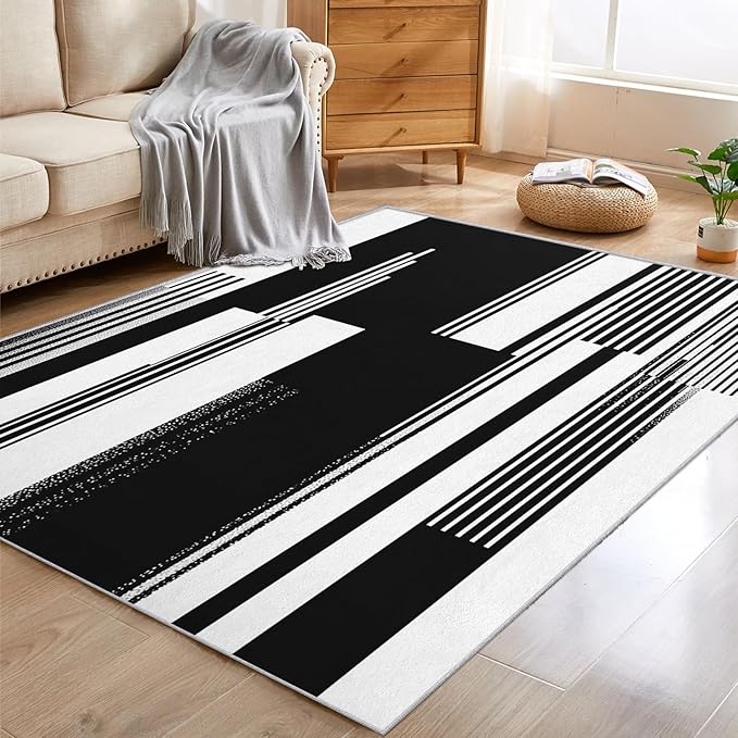 Black and White Stripe Rugs for Home Decor, 5x8 ft, Modern Stripes Area Rugs for Living Room, Soft Non Slip Washable Abstract Striped Carpet Bedroom Decorations Dt-Ghf-31