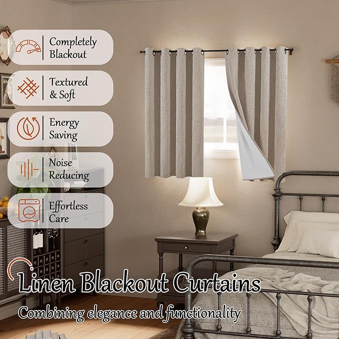 Lajode Linen Blackout Curtains 54 Inch Length 2 Panels for Bedroom, Thermal Insulated Total Light Blocking Noise Reducing Window Curtains for Farmhouse, Bronze Grommet, Beige, Each 52" Wide
