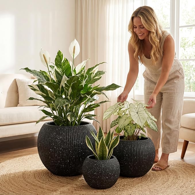 DTY Signature Mount Sherman Modern Indoor Outdoor Fiberstone Sphere Planter, Durable Round Garden Pot, Weather Resistant, Drainage Hole & Rubber Plug (Ribbed Black, Medium)