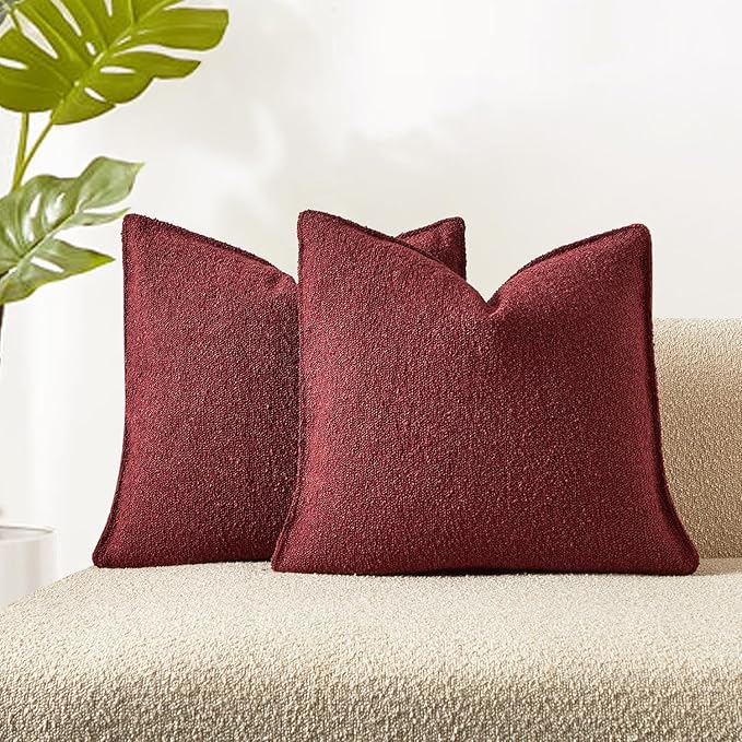 JUSPURBET Throw Pillow Covers Set of 2 Decorative Pillow Covers for Couch Sofa Bed Cozy Boucle Textured Cushion Covers Cases with Invisible Zipper for Living Room Home Decor 16x16,Burgundy