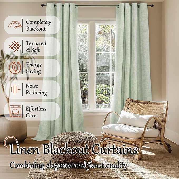 Lajode Sage Green Blackout Curtains for Bedroom - Linen Curtains 95 Inch Length Thermal Insulated Privacy Burlap Boho Window Drapes for Living Room Scandi Farmhouse Dining, 2 Panels, Each 52" Wide