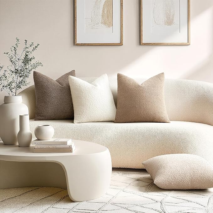 ANRODUO Pack of 2 Textured Boucle Throw Pillow Covers Soft Beige Euro Decorative Accent Solid Pillow Cases Cozy Modern Couch Cushion Case for Chair Sofa Bedroom Living Room Home Decor, 24 x 24 Inch