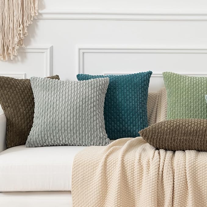 Kevin Textile Throw Pillow Covers Soft Corduroy Decorative Set of 2 Boho Striped Pillow Covers Pillowcases Farmhouse Home Decor for Couch Bed Sofa Living Room 16x16 Inch Teal Blue