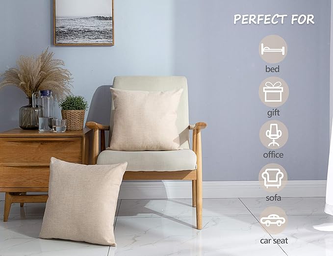 Stellhome Linen Throw Pillow Covers Square Solid Burlap Cushion Covers for Bed Couch Sofa Bench, 16 x 16 inch (40 cm), Beige, Set of 2
