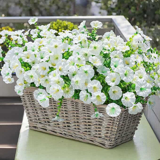 Artificial Flowers Fake Plants for Outdoors Decoration, 12 Bundles White Silk Morning Glory with Eucalyptus Realistic UV Resistant Faux Flowers for Outside Planter Porch Yard Patio Garden Home Indoor