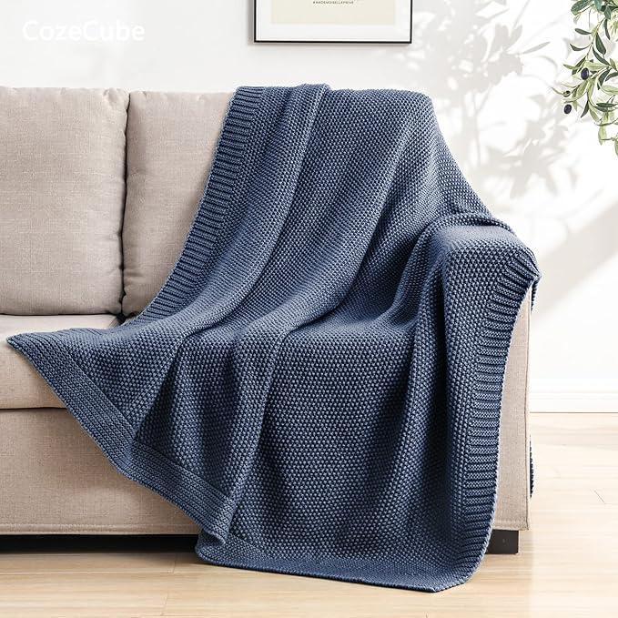 CozeCube Blue Throw Blanket for Couch, Soft Cozy Cable Knit Throw for Bed Sofa Living Room, Lightweight Warm Decorative Farmhouse Christmas Blanket, 60"x80", Dusty Blue