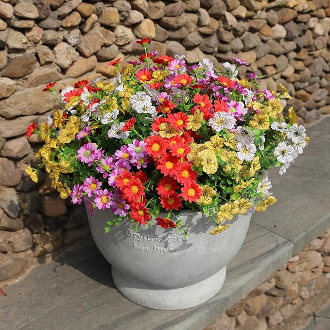 Artificial Outdoor Flowers 12 Bundles Spring Summer Silk Fake Plants Colorful Outside Realistic Wild Flower Plants Vibrant Durable Perfect Front Porch Planter Decoration (Multi Colour 1#)