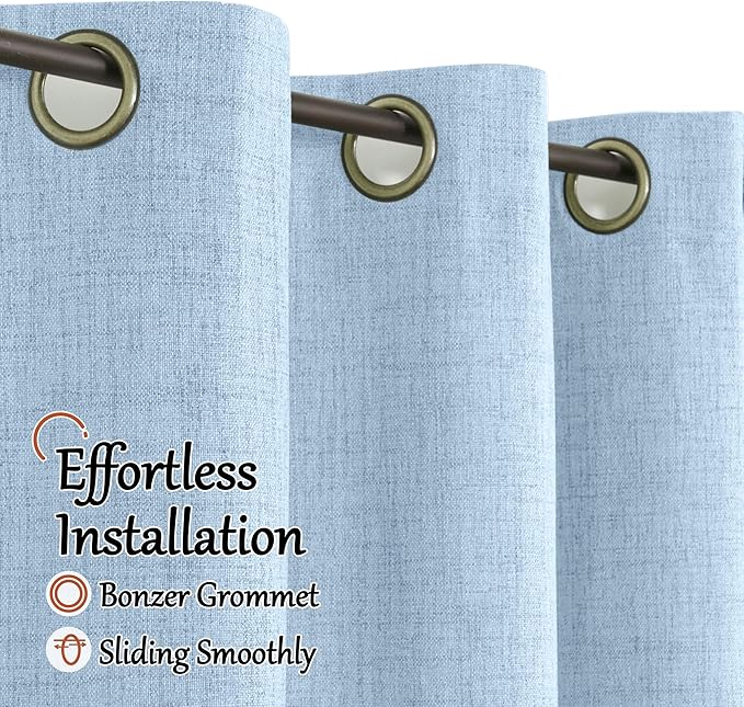 Baby Blue Linen Blackout Curtains for Nursery 84 Inch Length 2 Panels Set, Thermal Insulated Boho Total Black Out Noise Reducing Bonzer Grommets Window Curtains for Kids Bedroom, Each 60 Inch Wide