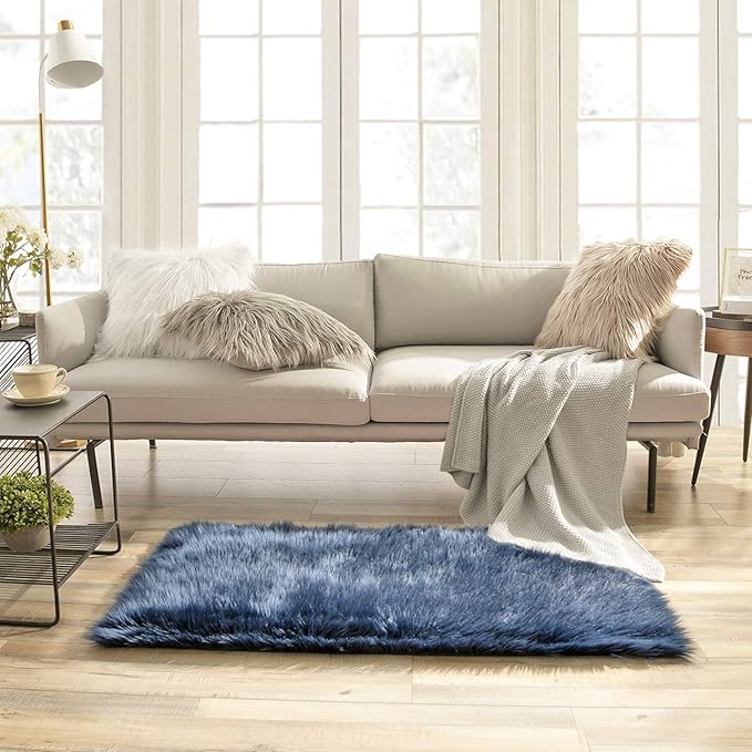 Ashler faux fur rug, Fluffy Shaggy Area Rug Ultra Soft 2.2 x 4 Feet Rectangle Fur Rug, Navy Blue Fuzzy Rug Machine Washable Shag Rug, Nursery Decor Throw Rugs for Bedroom, kids room, Living Room
