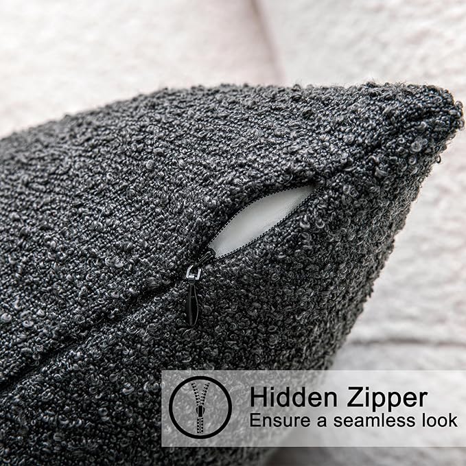 24"x24" Charcoal Black Boucle Pillow Covers with Faux Leather Accents Set of 2 Fluffy Textured Decorative Throw Pillow Cases for Couch Bed Boho Farmhouse Square Cushion Covers for Home Décor