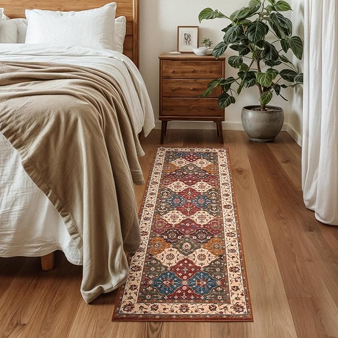 Lessymo Washable Runner Rug 2.6x8, Moroccan Faux Wool Runner Rug Non Slip for Hallways Kitchen Entryway Laundry Room Bedroom Bathroom, Low Pile, Kid & Pet Friendly, Classic Red and Cream