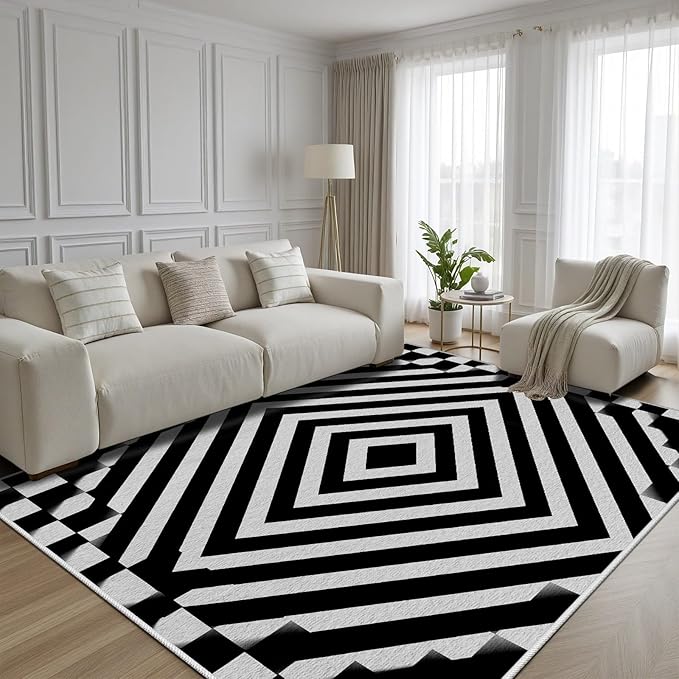 Black and White Rug 7x9, Checkered Soft Thin Indoor Floor Mats Carpet, Non-Slip Stain Resistant Washable Rugs, Modern Rhombus Geometric Rugs for Living Room, Farmhouse Rug