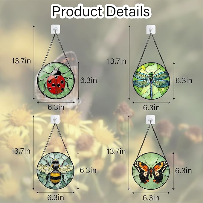 Stained Glass Window Hanging 4 Pcs Set Butterfly Dragonfly Bee Ladybug 6.3" - Suncatcher Door Garden Sun Catcher Decor Birthday Mother's Day for Mom Woman Nana Men