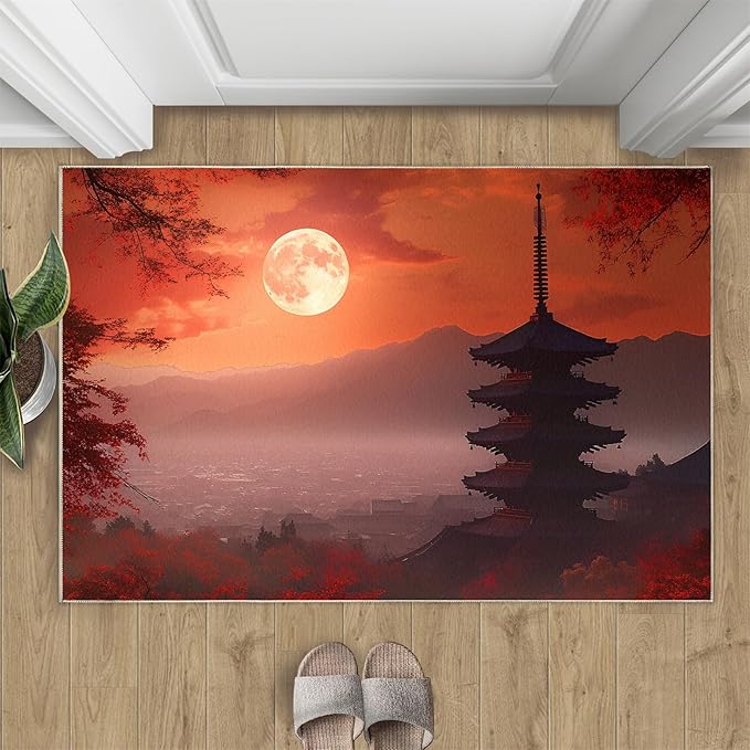 Japanese Style Area Rug 5x8 Washable Rug Red Maple Leaves Rugs for Living Room Sunset Scene Non Slip Carpet Floral Print Mat Bedroom Bathroom
