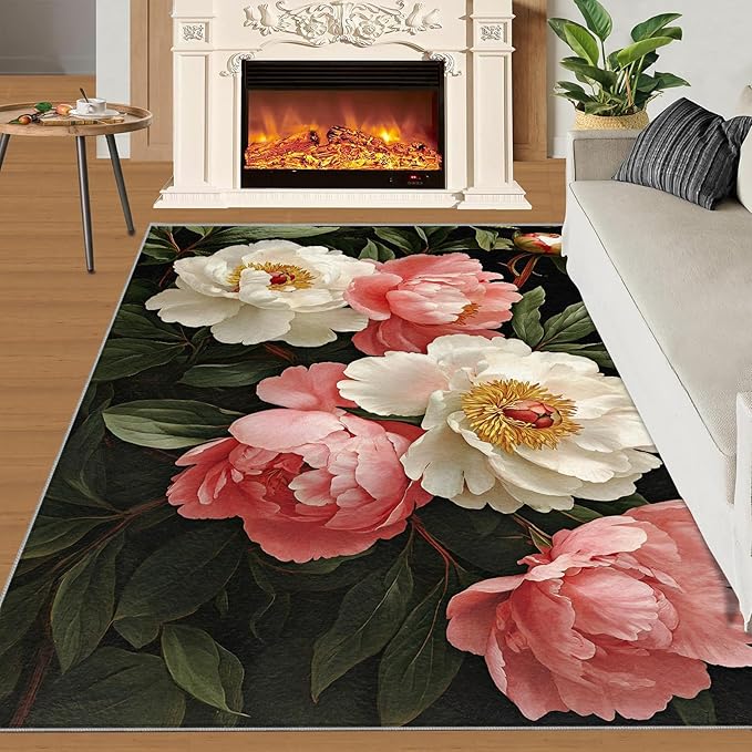 Rustic Flowers Washable Area Rug 4x6, Peony Soft Rugs for Living Room Petals Carpet Area Rugs for Bedroom Dining Room Non-Slip Stain Resistant Rug